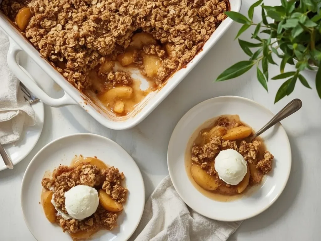 Apple crisp with golden oat topping in a large baking dish with ice cream