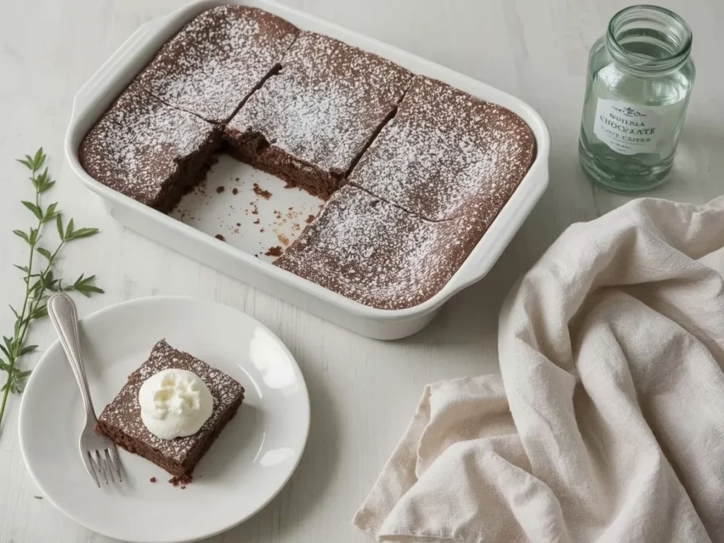Chocolate snack cake dusted with powdered sugar with whipped cream