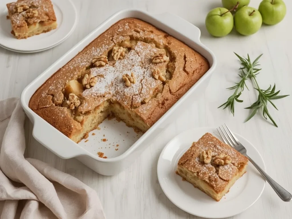 Fresh apple cake with walnuts dusted with powdered sugar