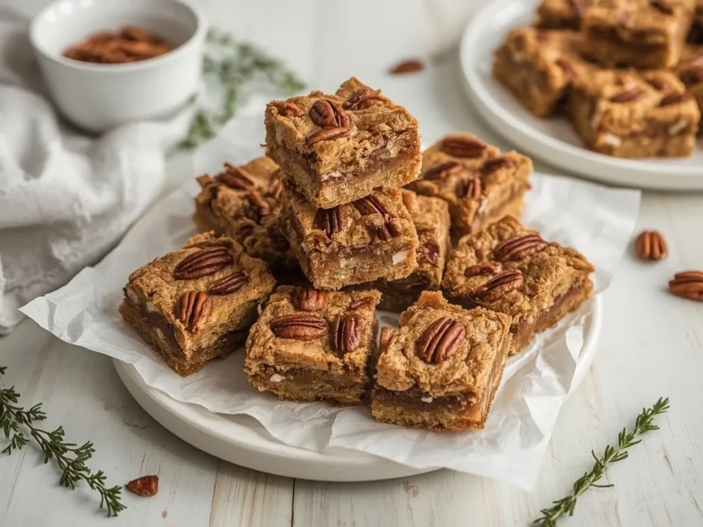 Maple pecan blondies stacked on parchment