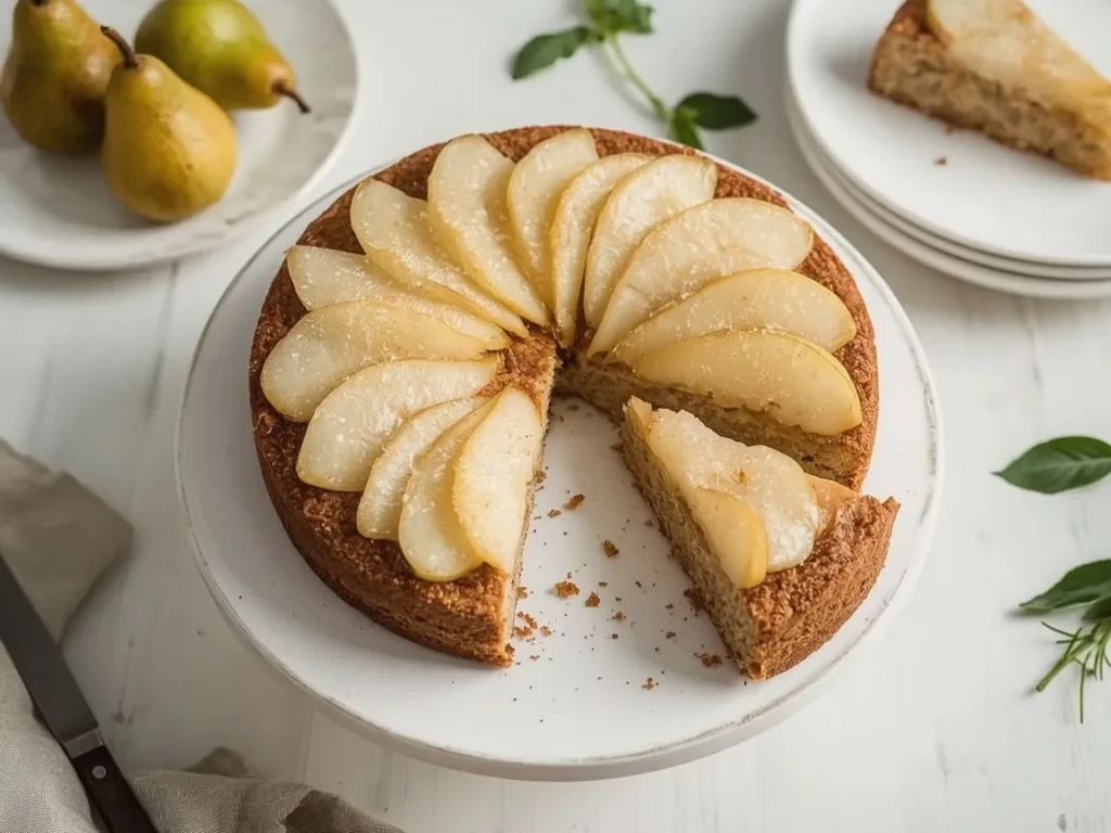 Pear spice cake topped with sliced pears and sugar