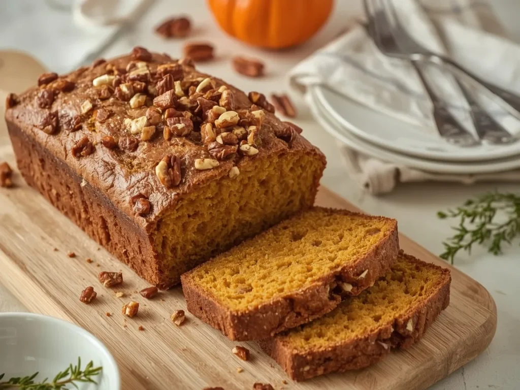 One-bowl pumpkin bread with pecans sliced on a wooden board