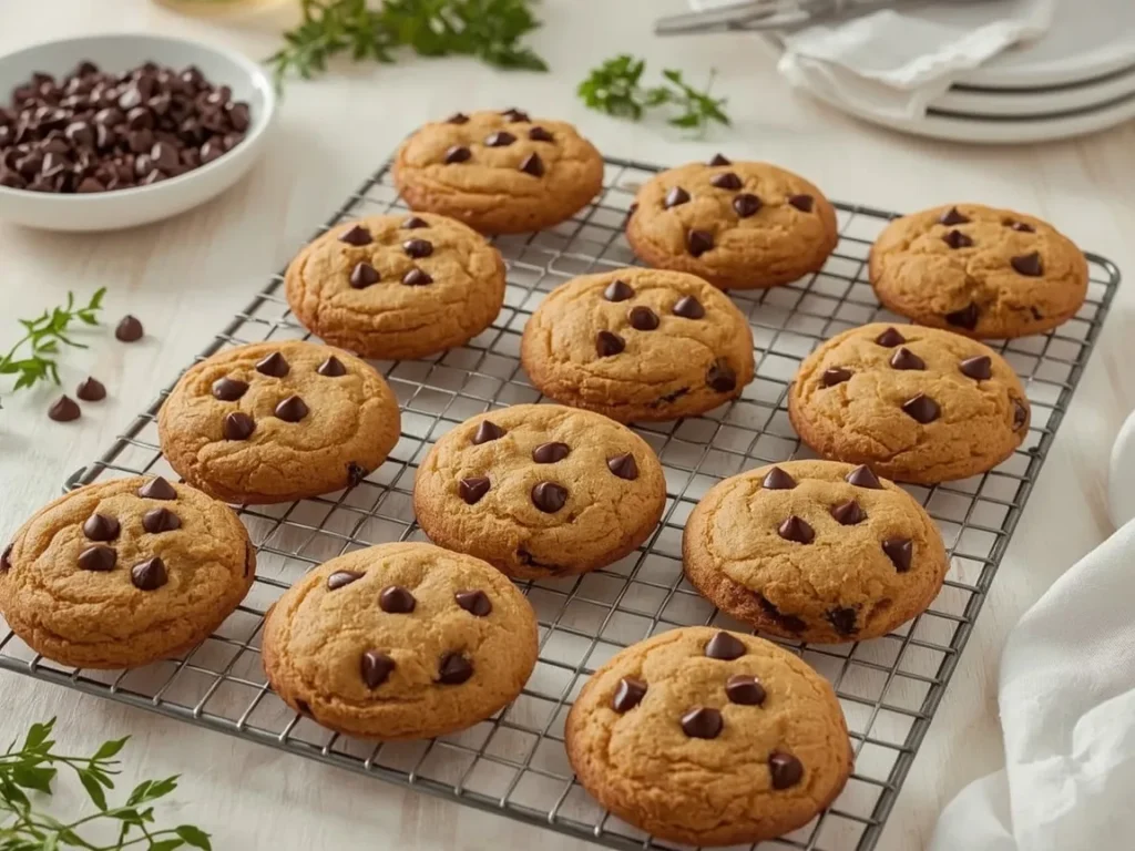 Pumpkin chocolate chip cookies on a cooling rack