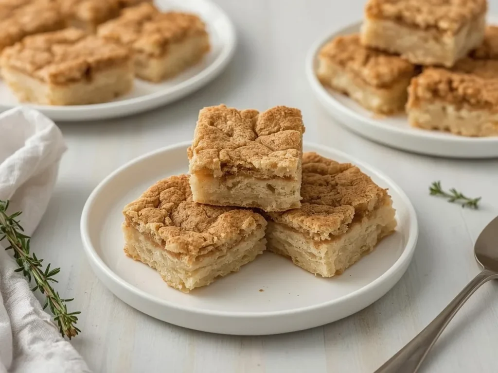 Snickerdoodle bars with cinnamon sugar topping stacked on a plate