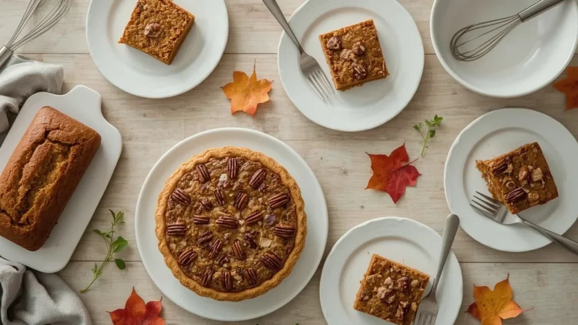One-bowl Thanksgiving desserts with pumpkin bread, apple cake, cranberry pie, blondies and gingerbread