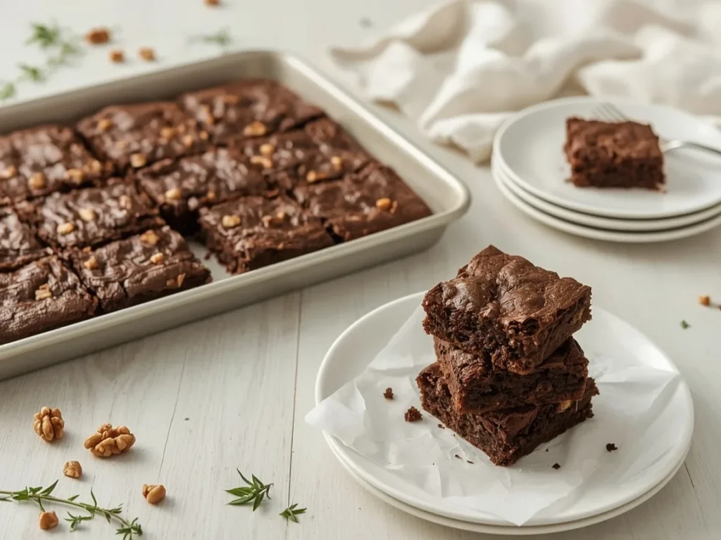 Fudgy chocolate walnut brownies cut into squares on a sheet pan