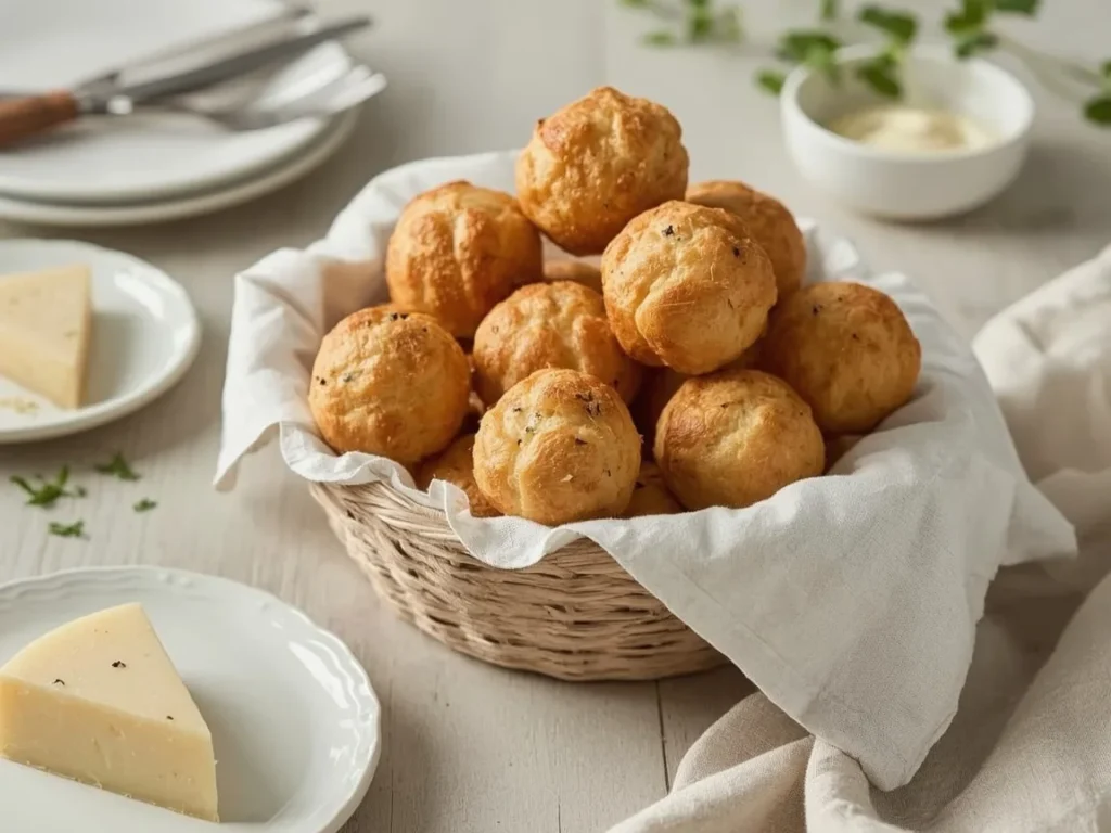 Golden parmesan and black pepper gougères in a linen-lined basket