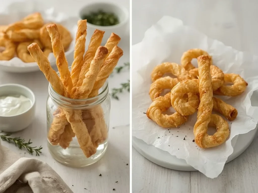 Twisted Parmesan cheese straws in a jar and on a parchment-lined board
