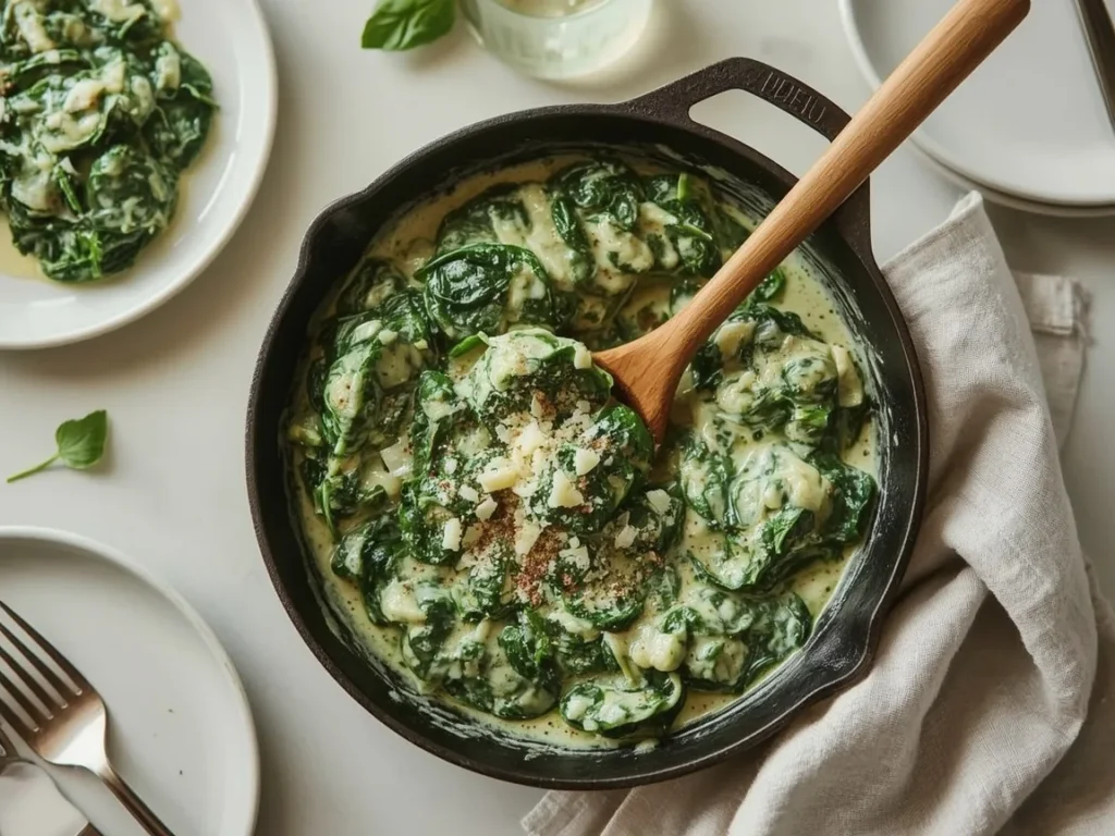 Parmesan creamed spinach in a cast-iron skillet