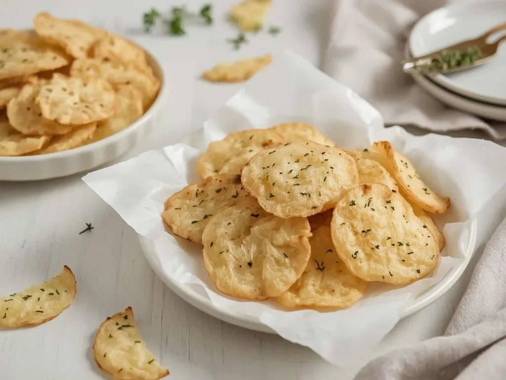 Lacy golden Parmesan crisps with thyme stacked on a white plate