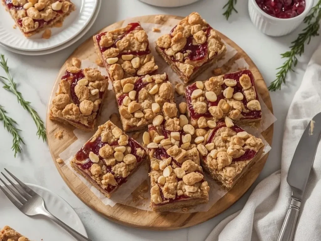 Peanut butter and jelly bars with raspberry jam and chopped peanuts