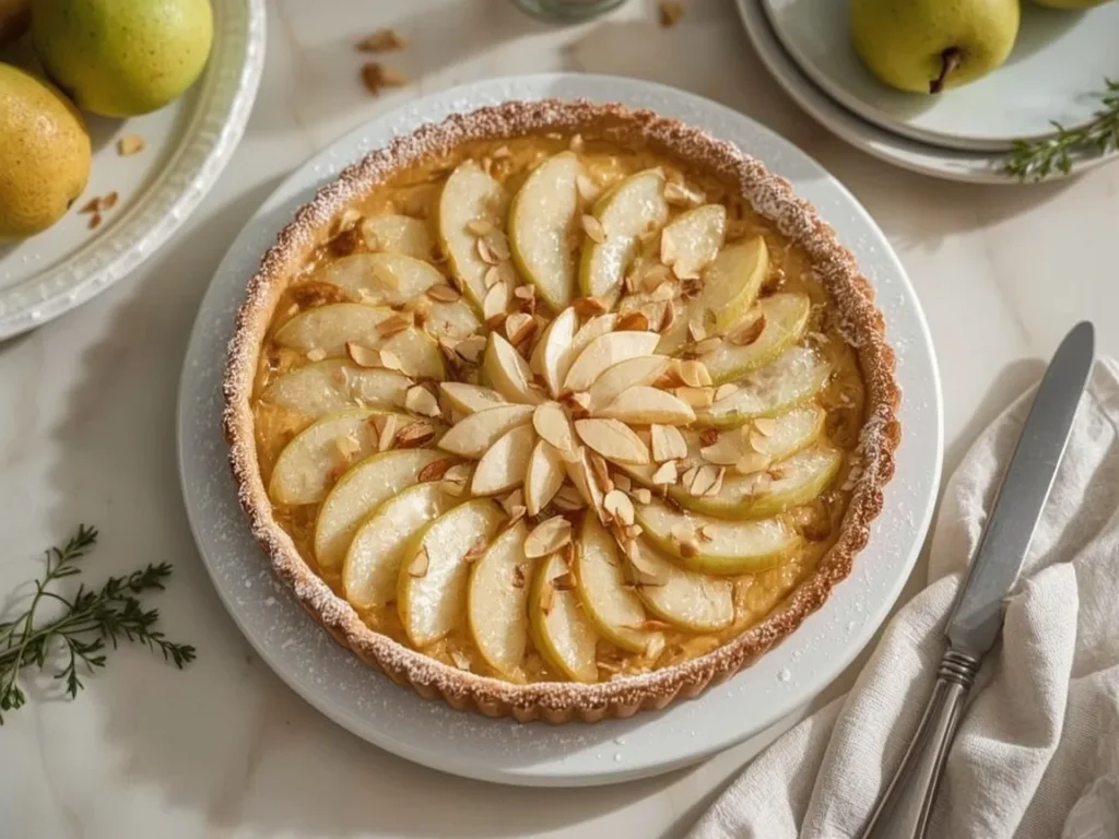 Pear and almond tart dusted with powdered sugar