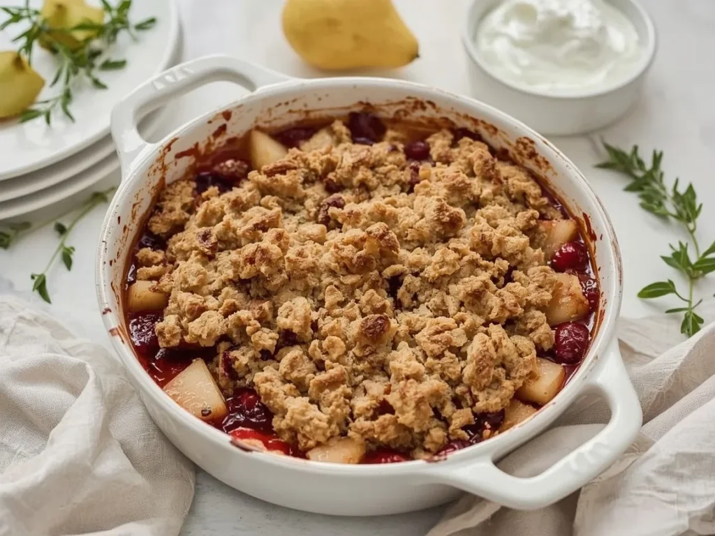 Pear and cranberry crisp with crumbly topping in an oval dish