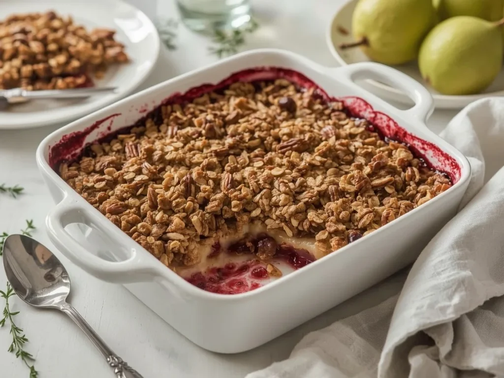 Pear cranberry crisp with pecan oat topping in a baking dish