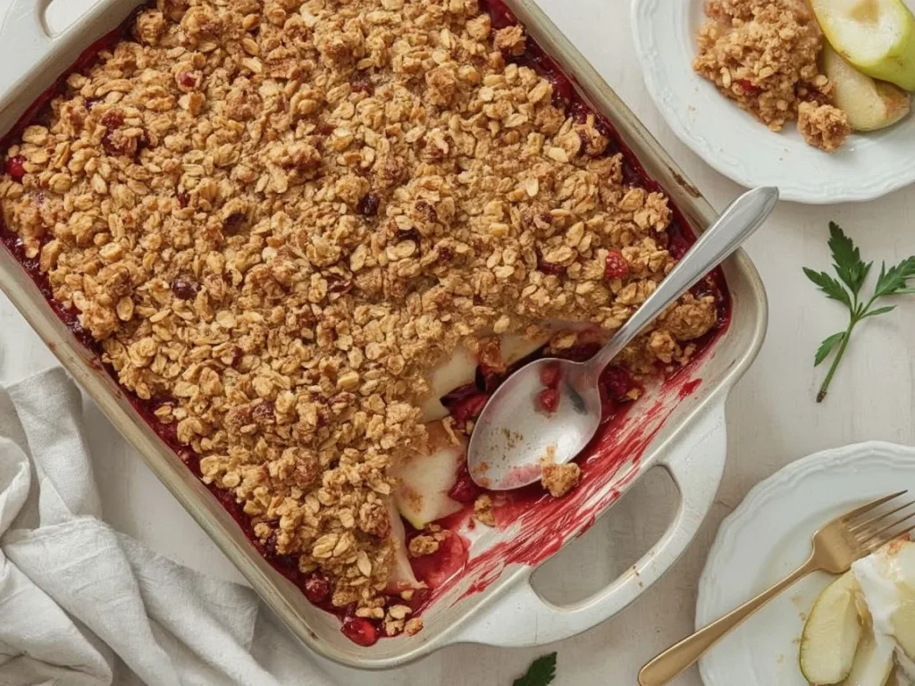 Pear cranberry crisp with oat topping in a large sheet pan