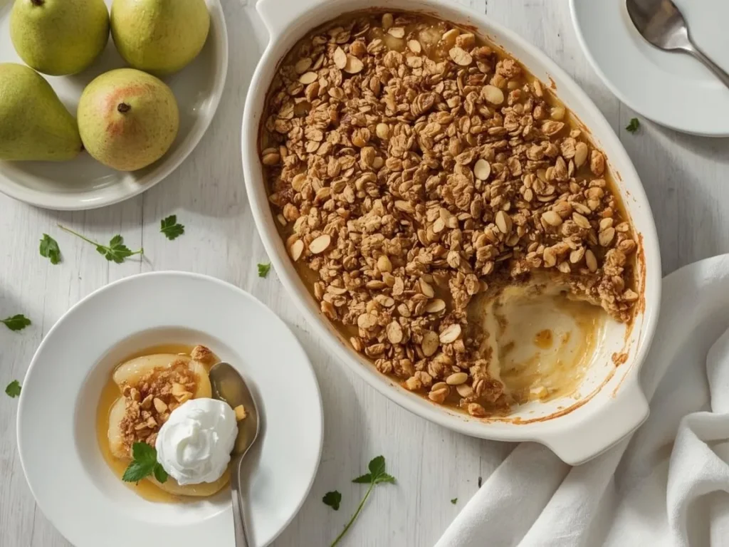 Pear crisp with oat and almond topping in an oval baking dish
