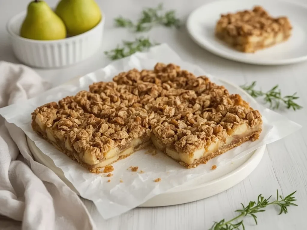 Pear ginger crumble bars with oat topping on parchment