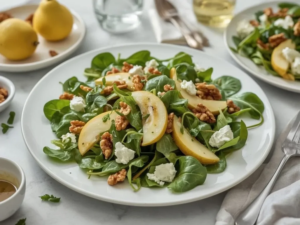 Pear, gorgonzola and walnut salad on a white platter