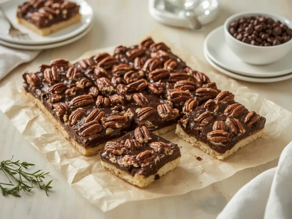 Chocolate pecan pie bars cut into squares on parchment