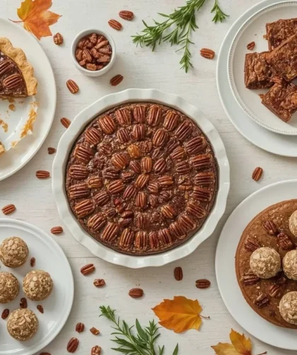Pecan desserts for Thanksgiving including pecan pie, bars, Bundt cake and tassies