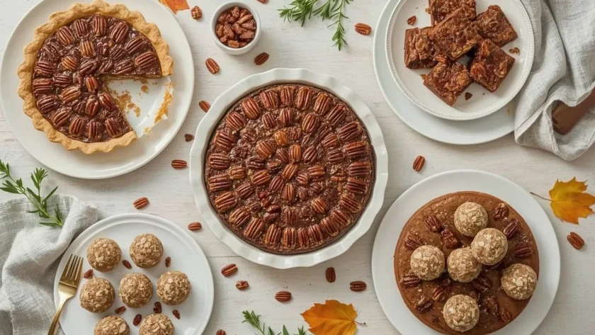 Pecan desserts for Thanksgiving including pecan pie, bars, Bundt cake and tassies
