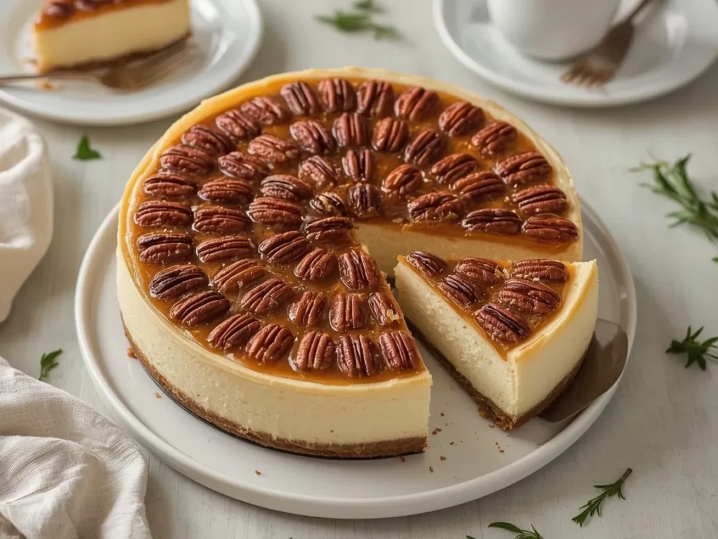 Pecan pie cheesecake with glossy pecan topping and a slice cut