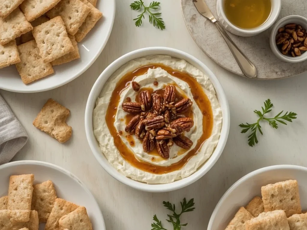 Pecan pie dip with caramel pecan topping and graham crackers