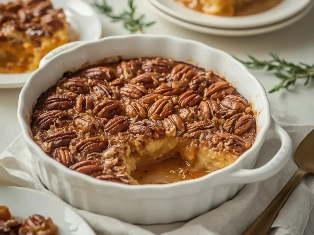 Pecan pie dump cake with gooey filling and pecans