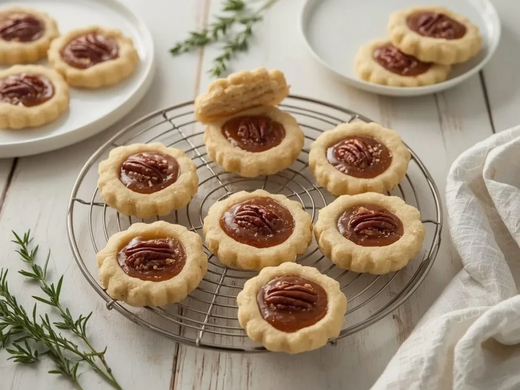 Pecan pie thumbprint cookies on a cooling rack