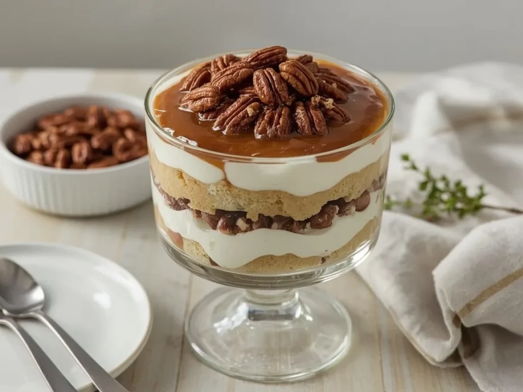 Pecan pie trifle with pound cake, praline pecans and cream