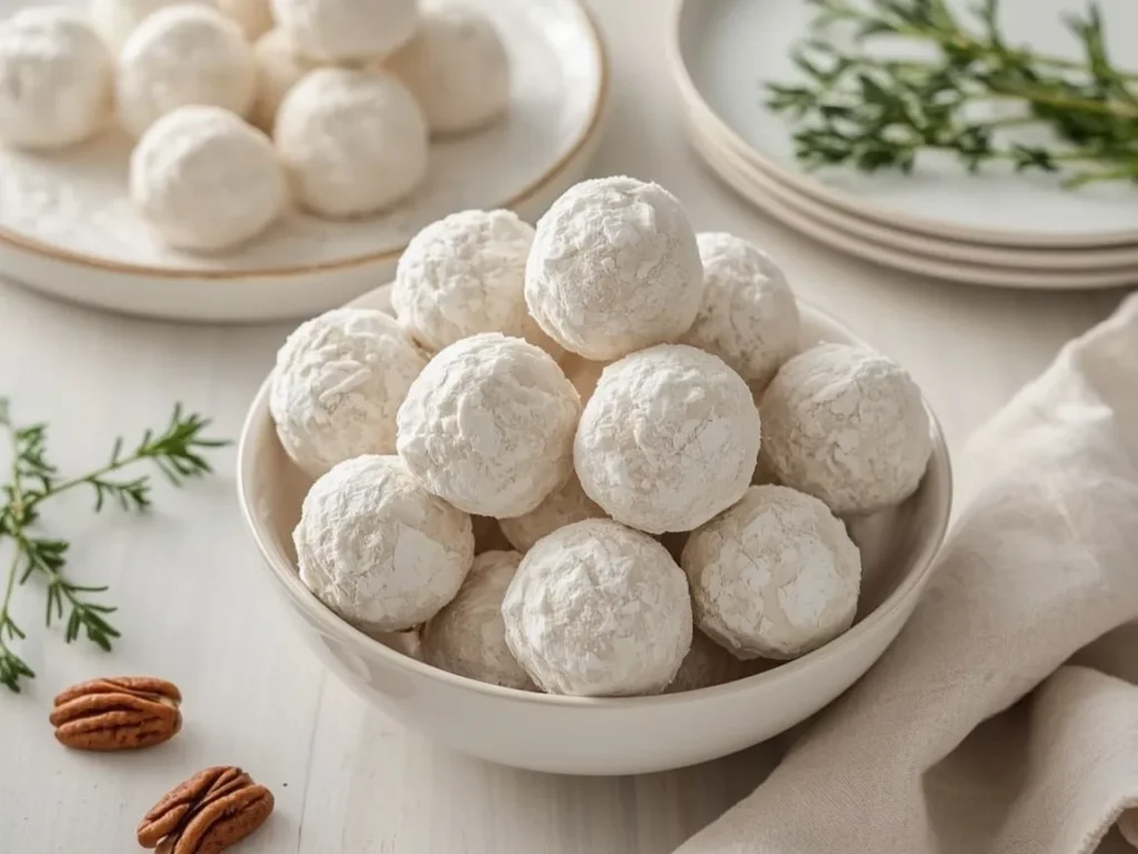 Pecan snowball cookies coated in powdered sugar piled in a white bowl