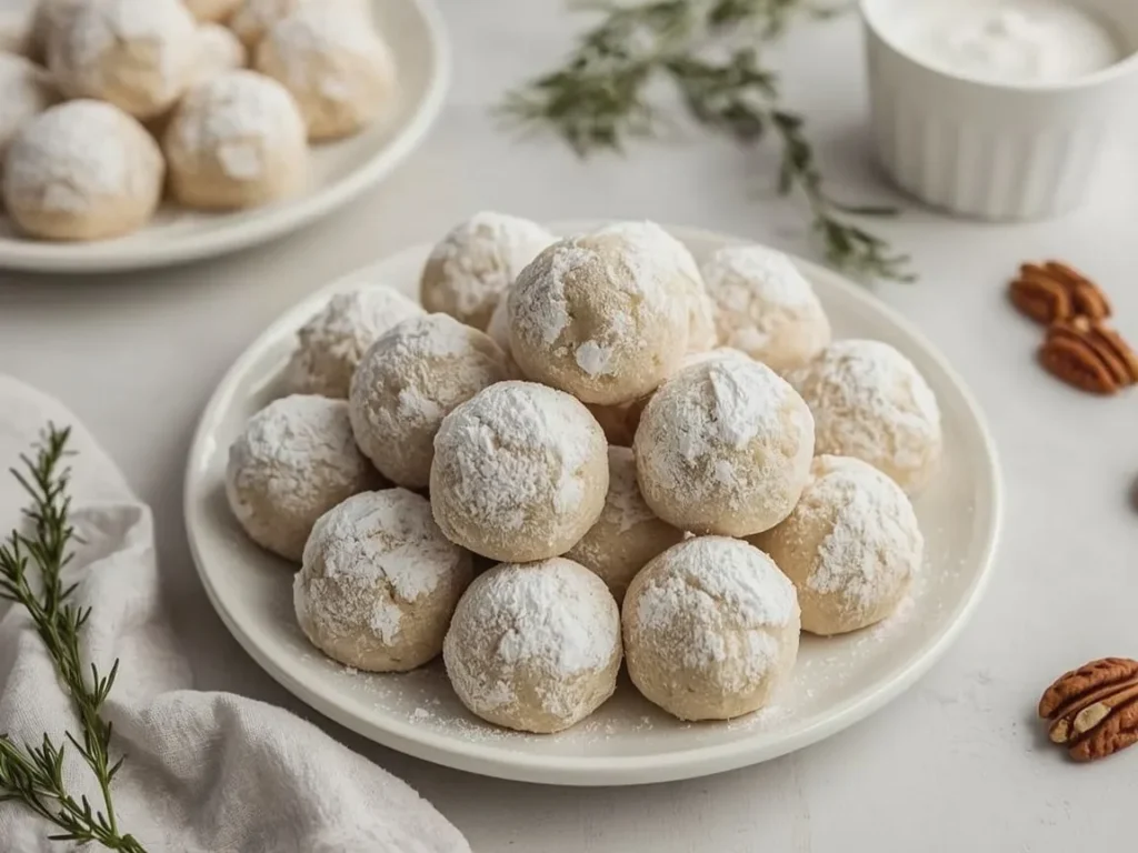 Pecan snowball cookies coated in powdered sugar