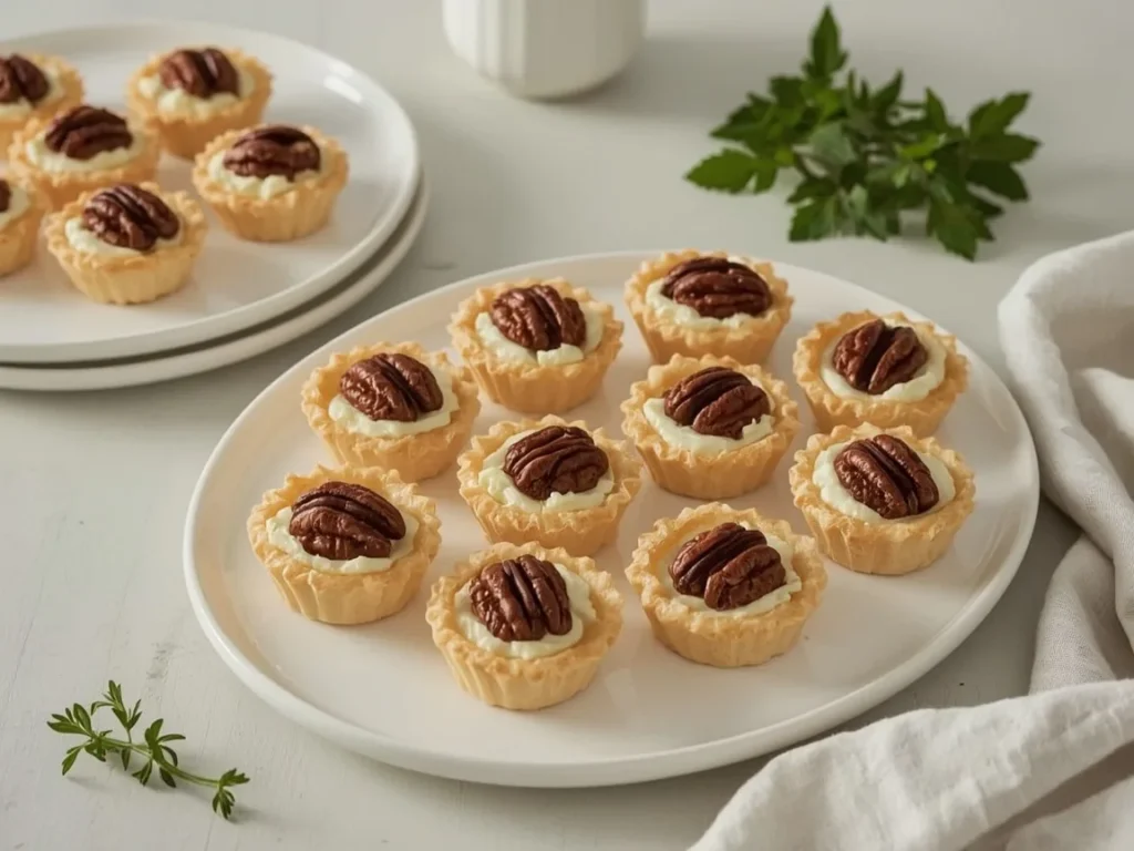 Pecan tassies mini tarts on a white platter