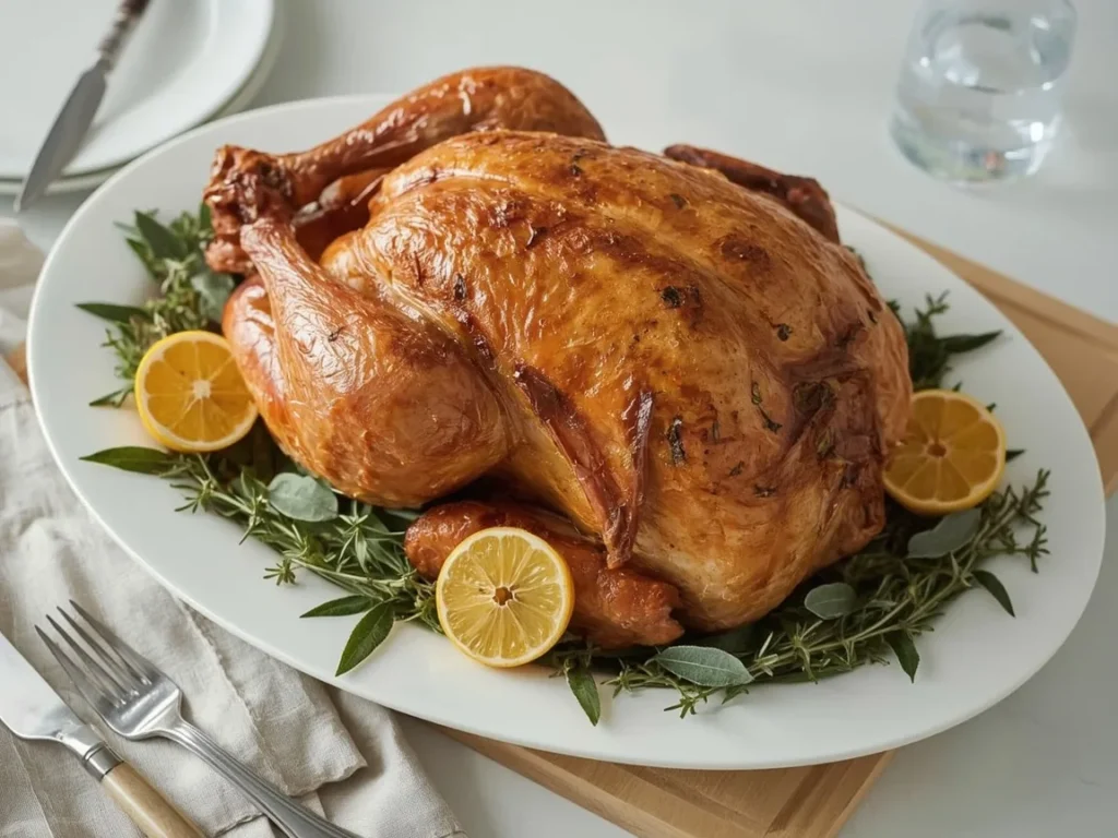 Golden roast turkey on a white platter with thyme, sage and roasted lemon halves