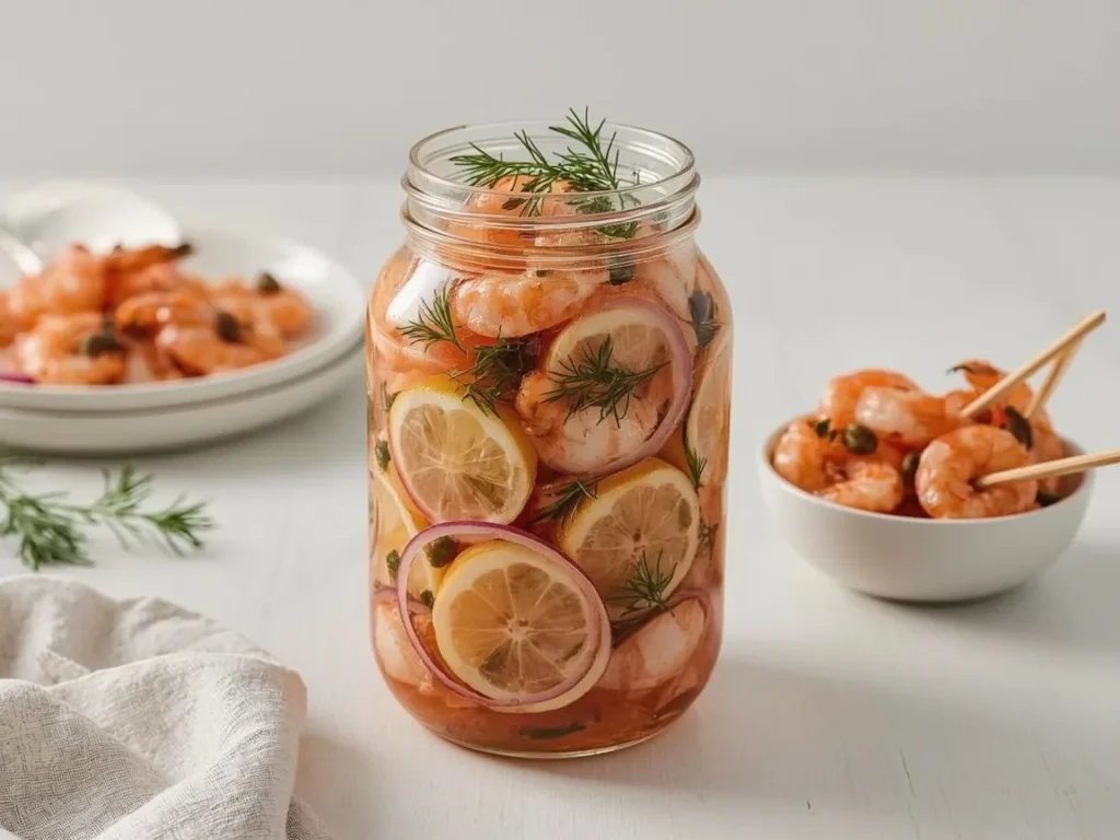 Pickled shrimp with lemon slices, red onion and dill in a glass jar