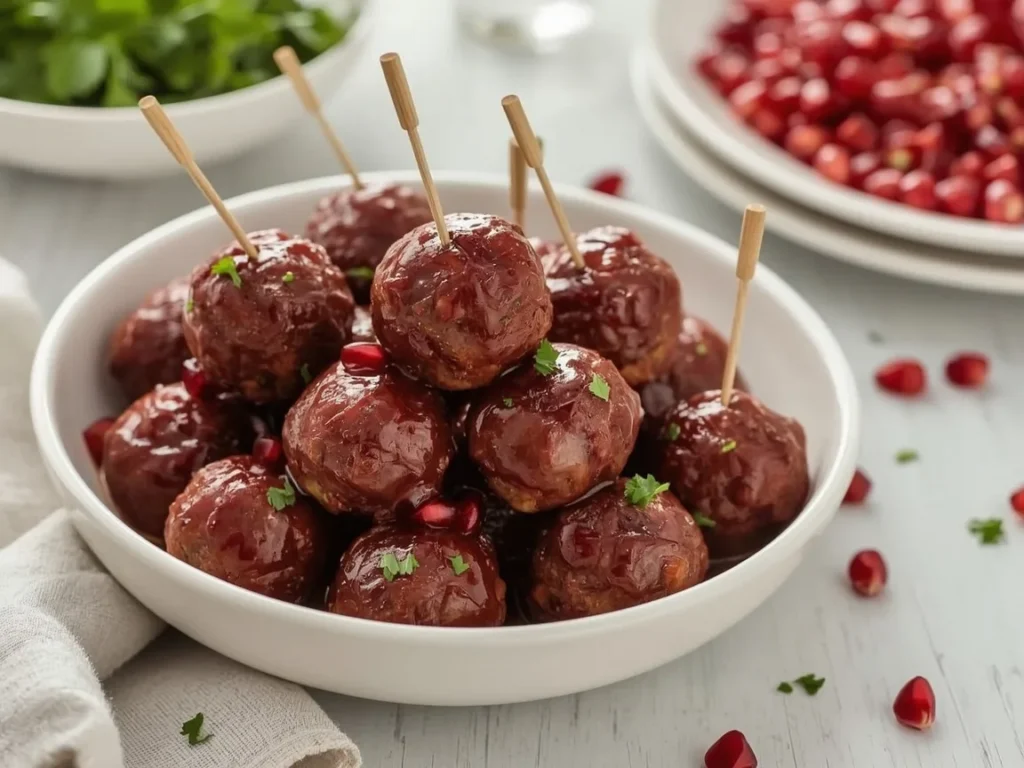 Pomegranate-glazed turkey meatballs with pomegranate seeds and parsley in a white bowl