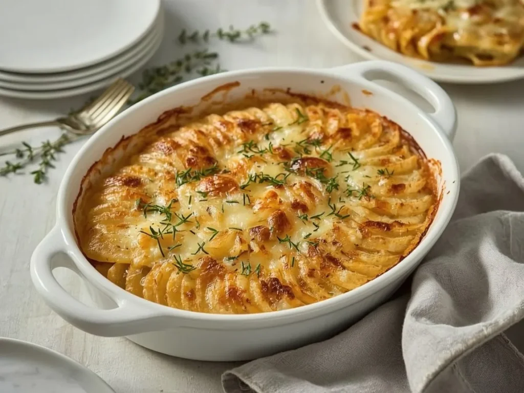 Potato and Gruyère gratin with a golden crust in a baking dish