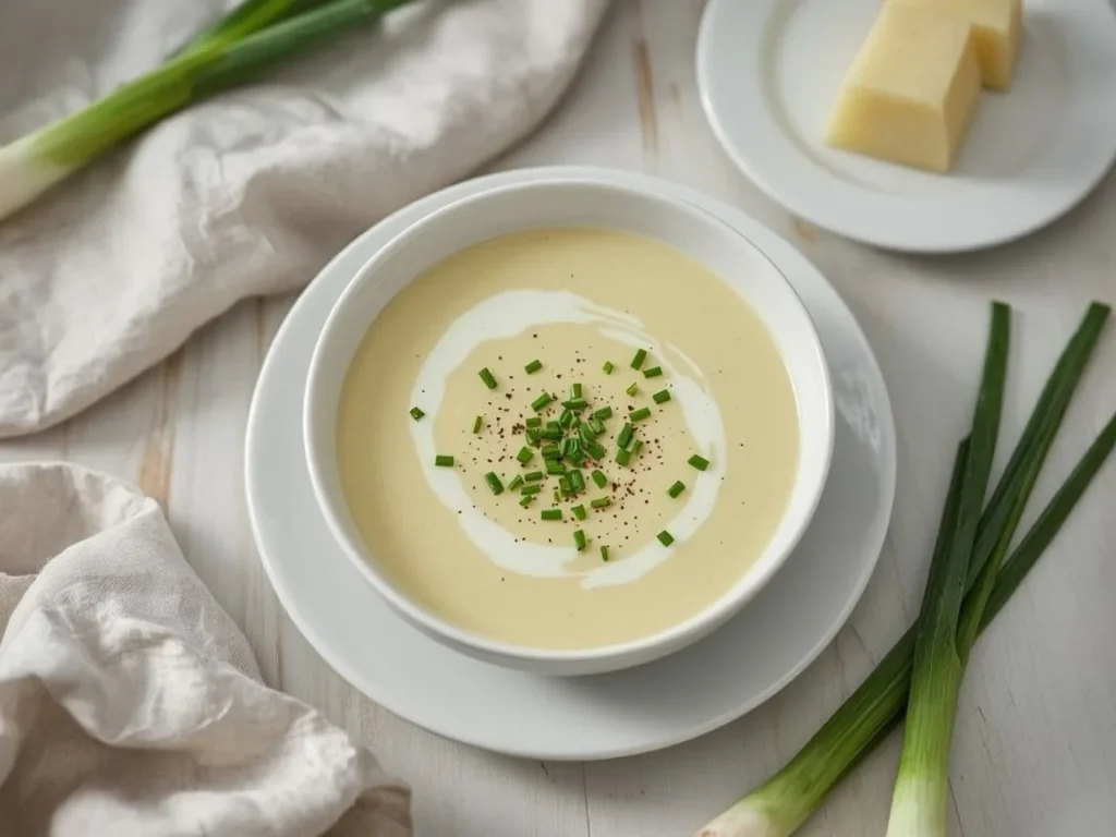 Creamy potato leek soup with chives and a swirl of cream