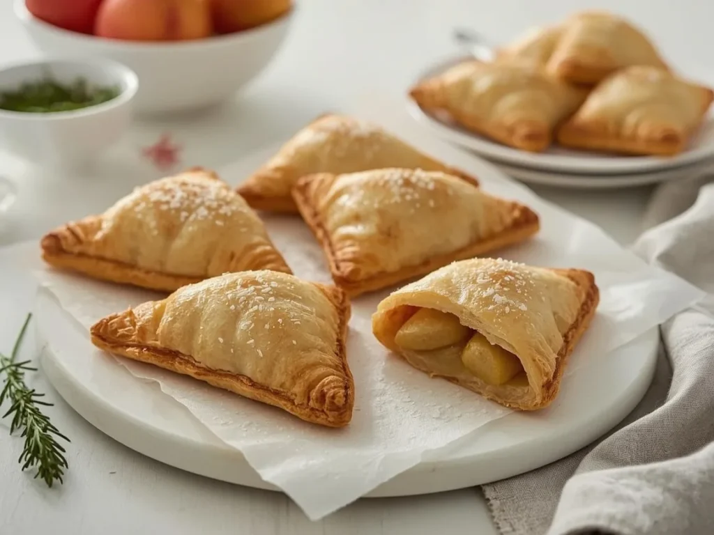 Puff pastry apple turnovers with sparkling sugar, one showing apple filling