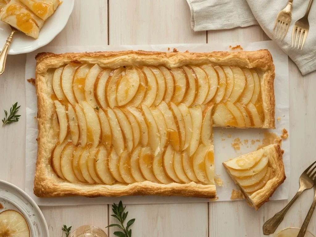 Puff pastry pear tart with glazed pear slices and golden edges