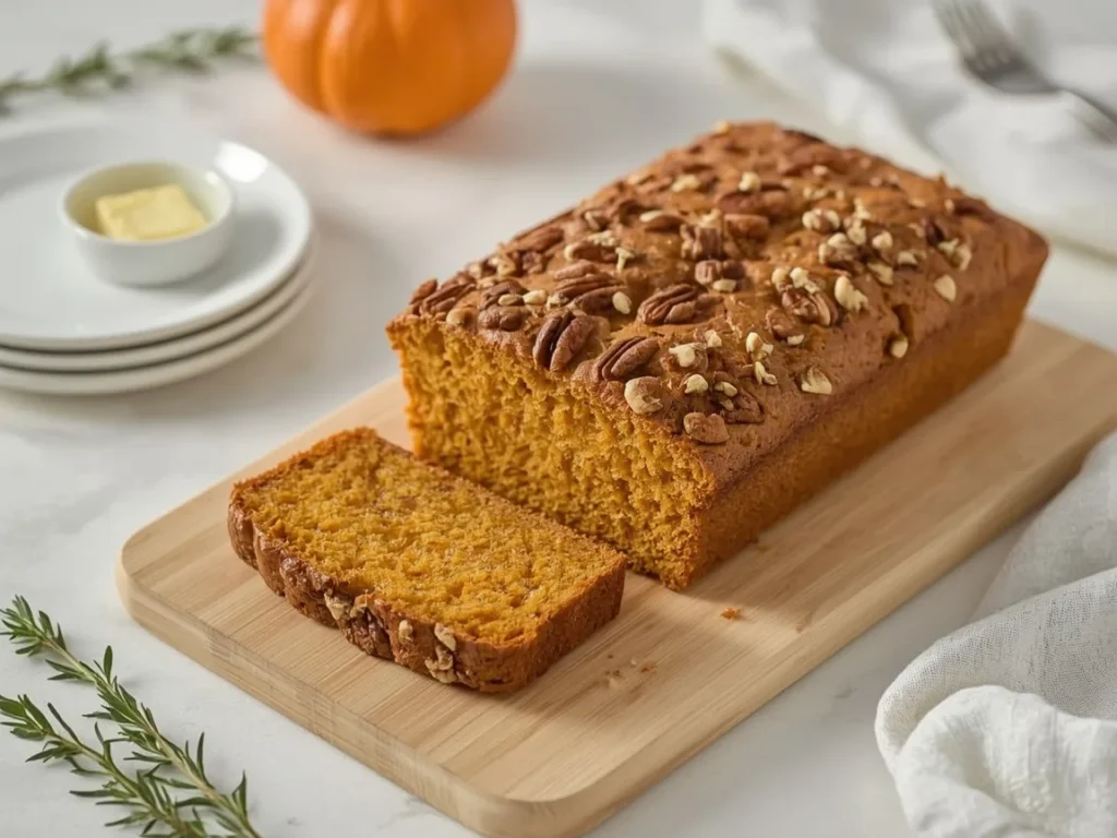 Sliced pumpkin bread with pecans on a wooden cutting board