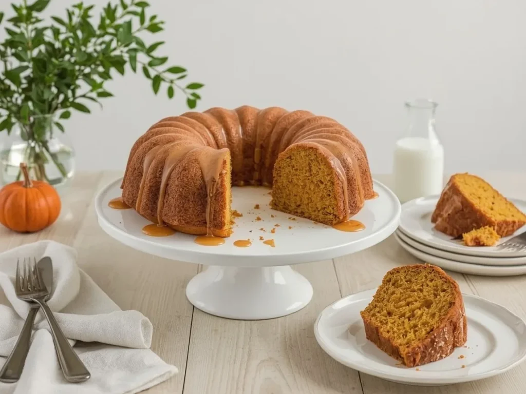 Pumpkin Bundt cake with maple glaze on a cake stand