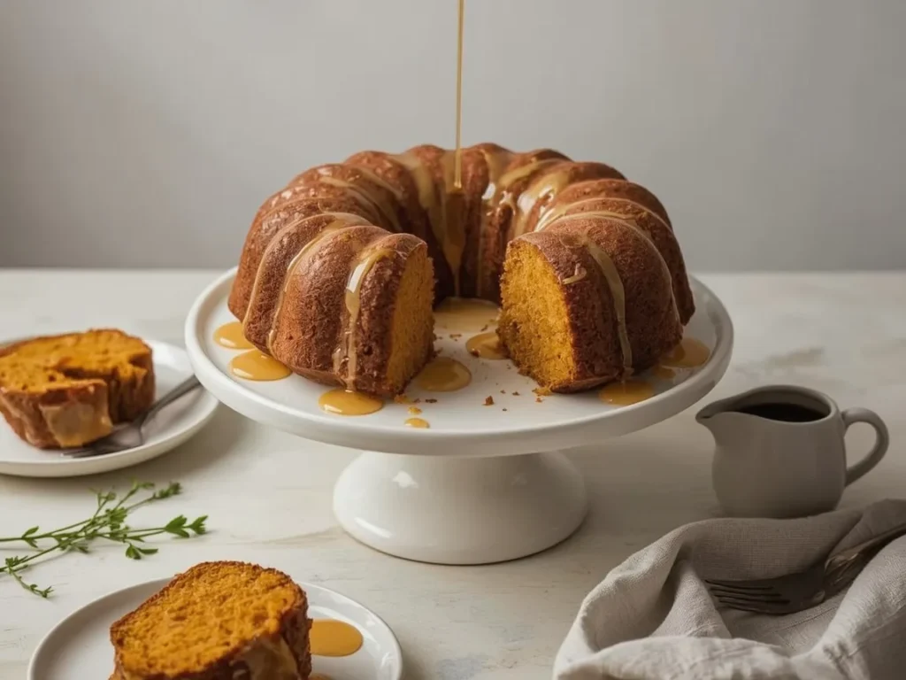 Pumpkin bundt cake with maple glaze on a cake stand