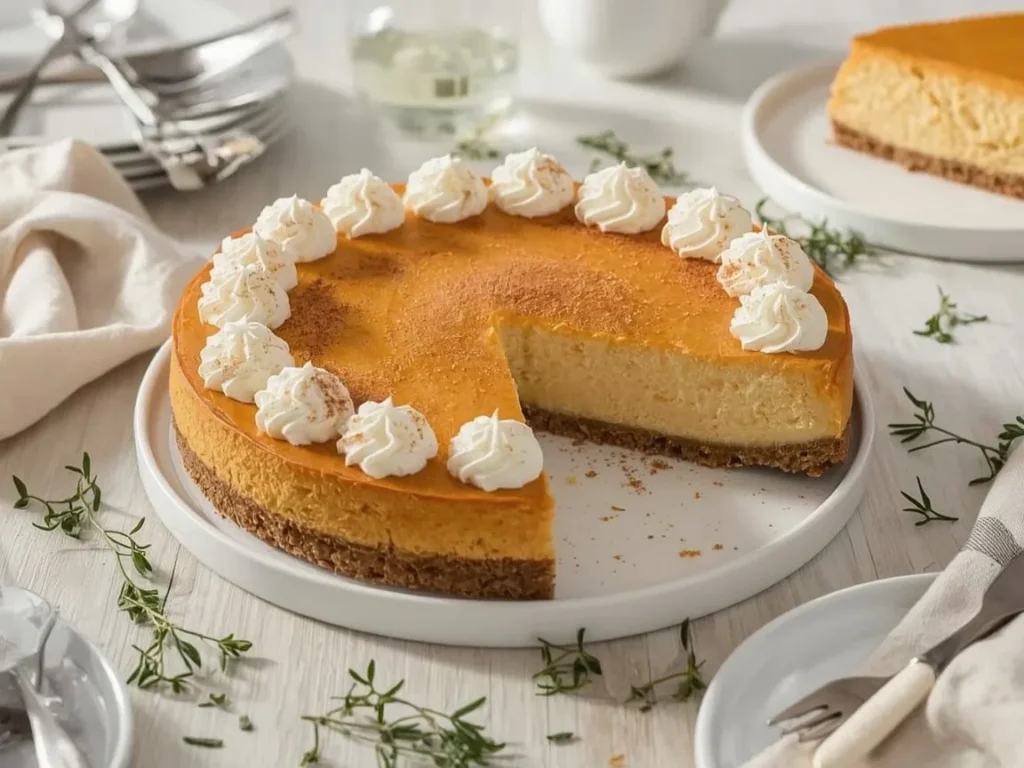 Pumpkin cheesecake with graham cracker crust and whipped cream