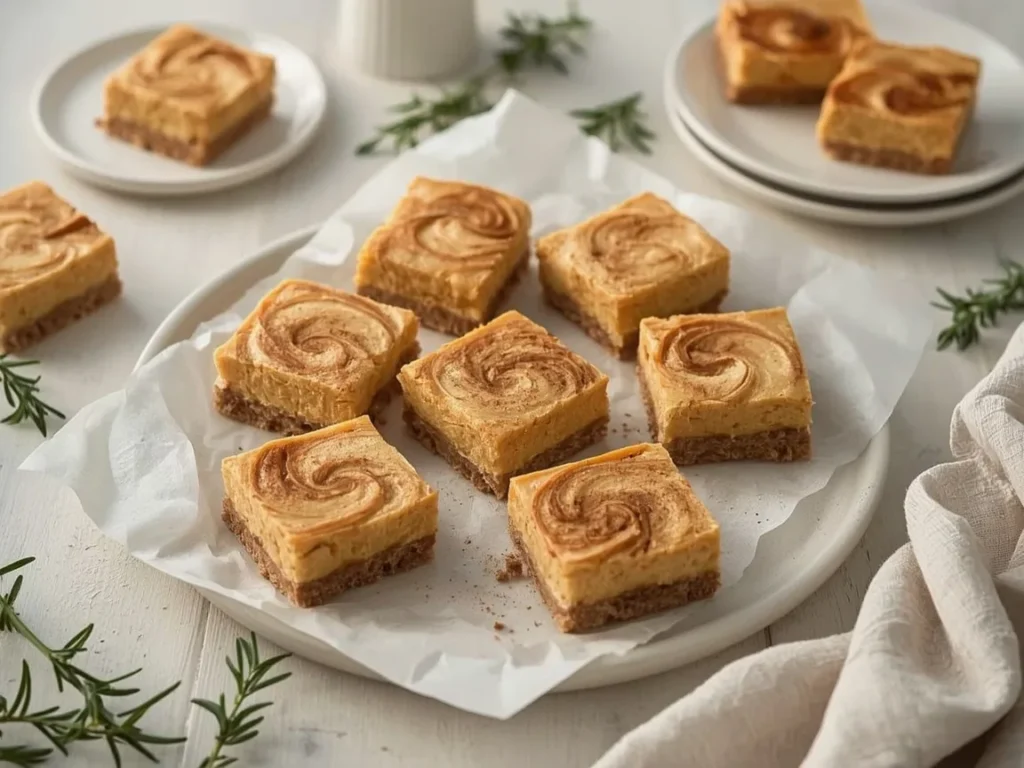 Pumpkin cheesecake bars with graham cracker crust on parchment