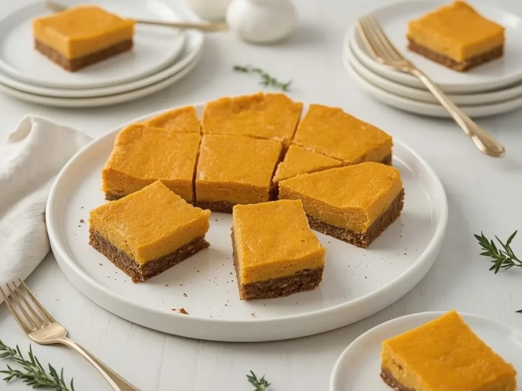 Pumpkin cheesecake bars with gingersnap crust cut into squares
