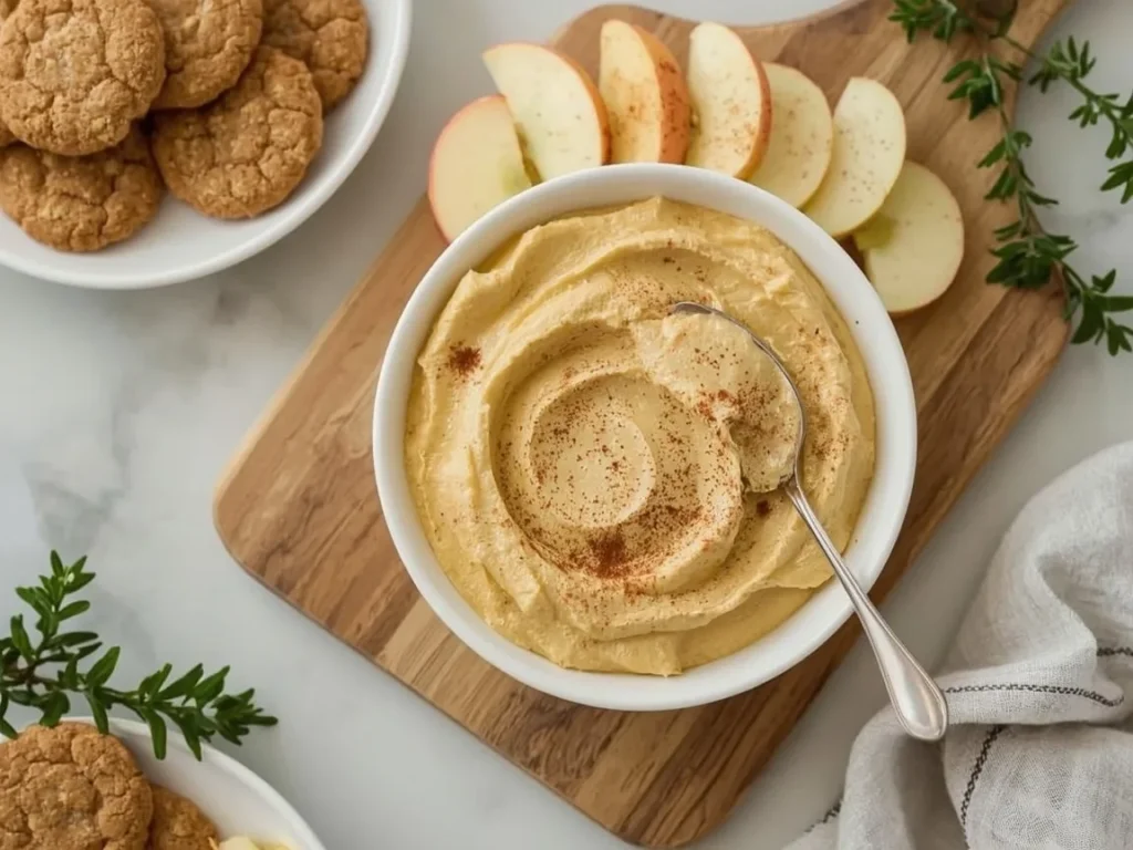 Pumpkin cheesecake dip in a white bowl with apple slices and gingersnaps
