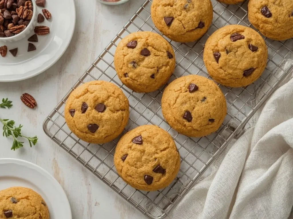 Pumpkin chocolate chip cookies with pecans on a cooling rack