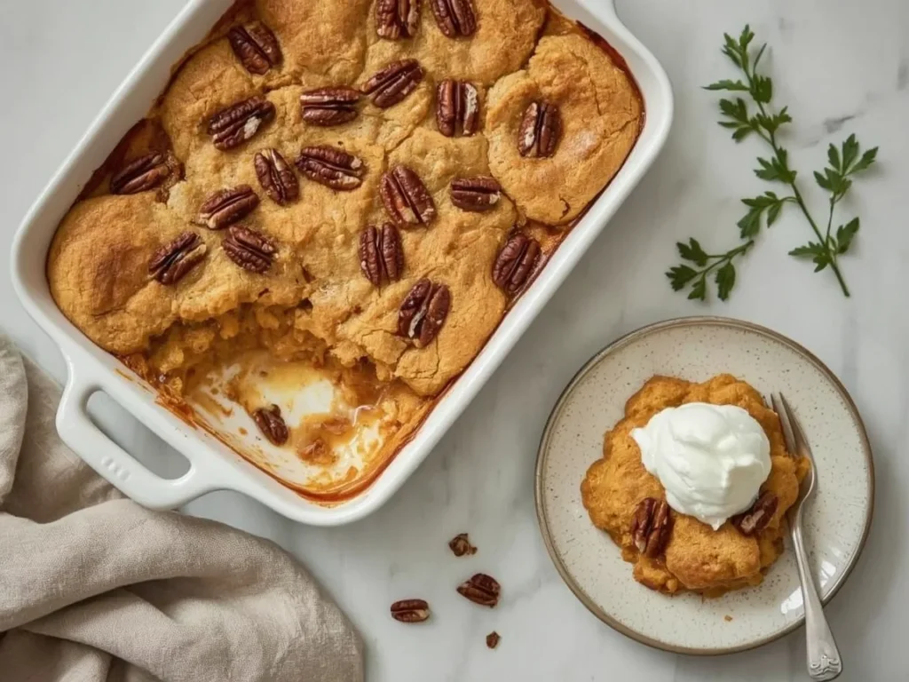 Pumpkin cobbler with pecans and a serving with whipped cream