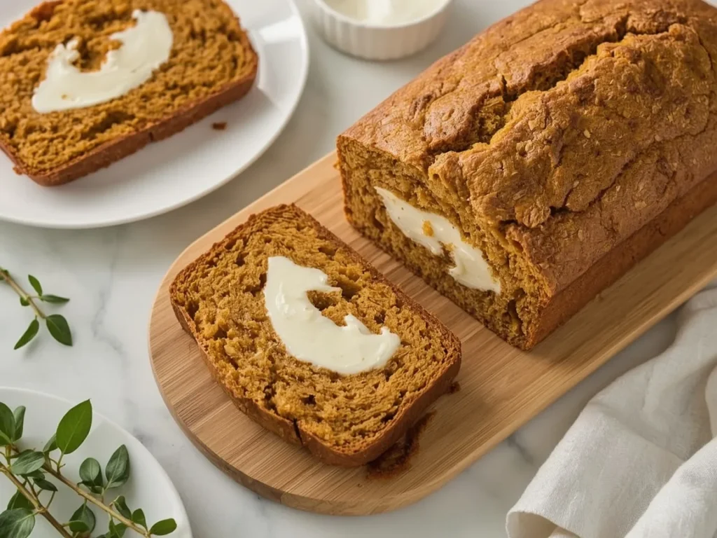 Pumpkin bread slices with a cream cheese swirl on a wooden board